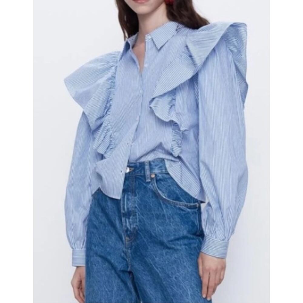 Zara Stripe Ruffle Frill Button Front Shirt Top Long Sleeve Size Small
